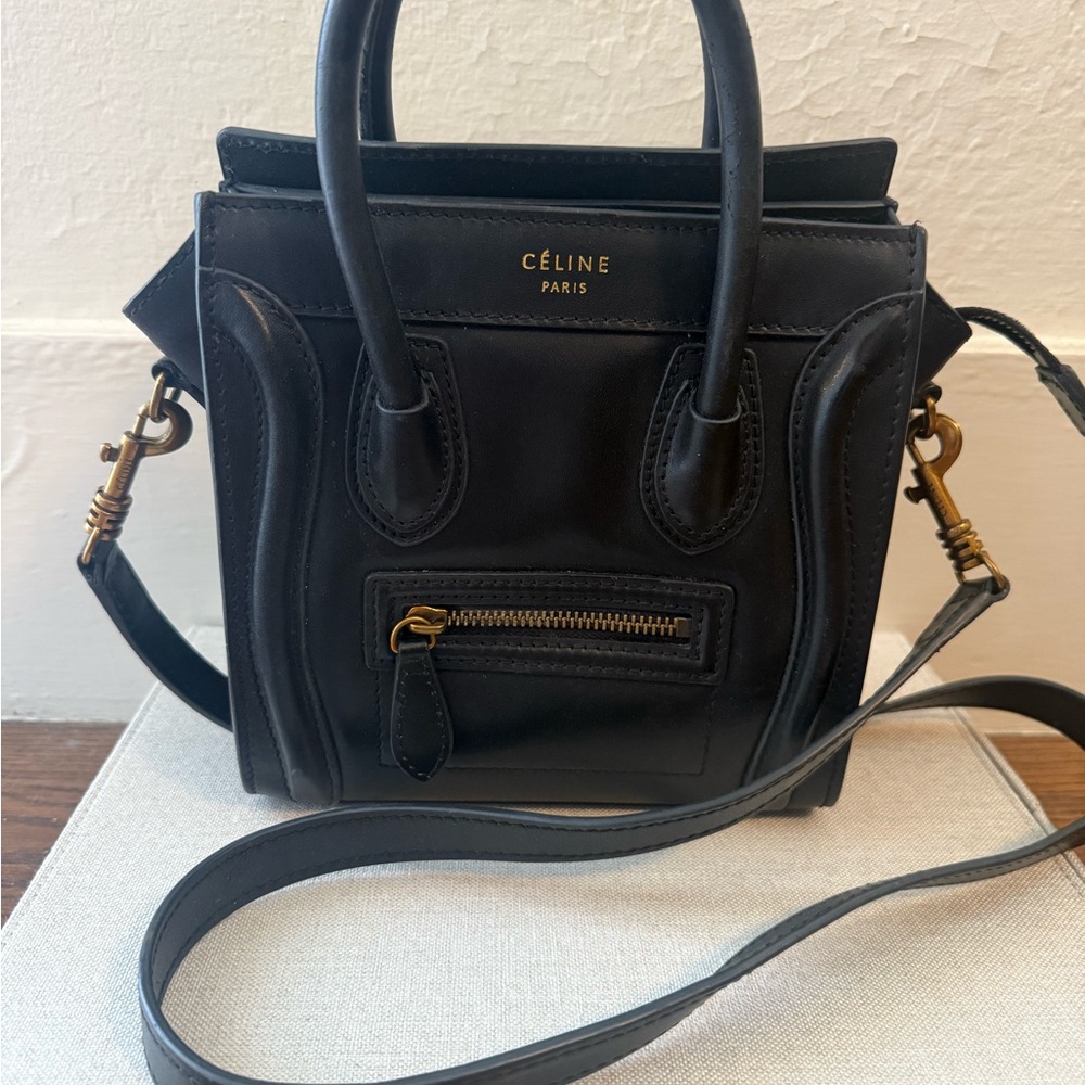 (Authentic) Celine Black Leather Mini Bag with Gold Accents